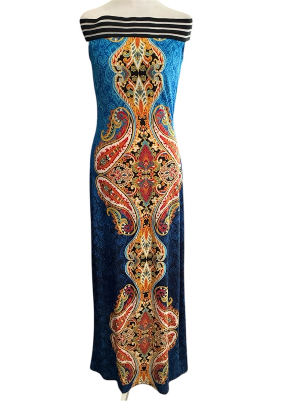 VENUS Blue Paisley-Panel Maxi Dress with Striped Neckline size S